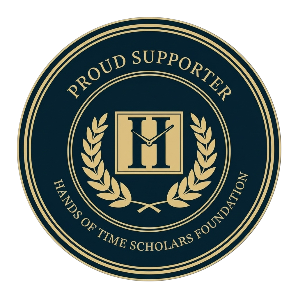 Hands of Time Scholars Foundation Proud Supporter crest badge with laurel wreath