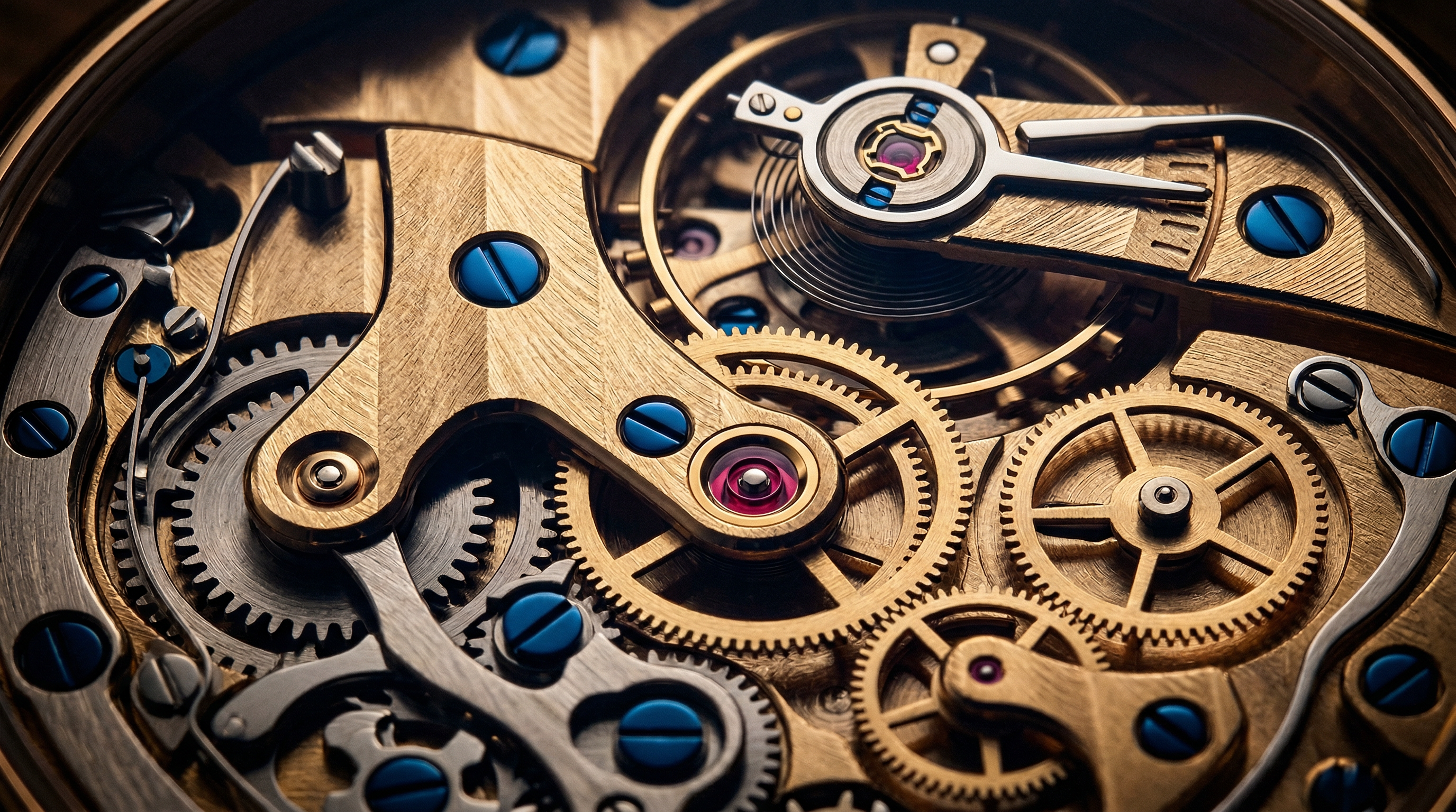 Macro photograph of a mechanical watch movement showing intricate gears and jewels