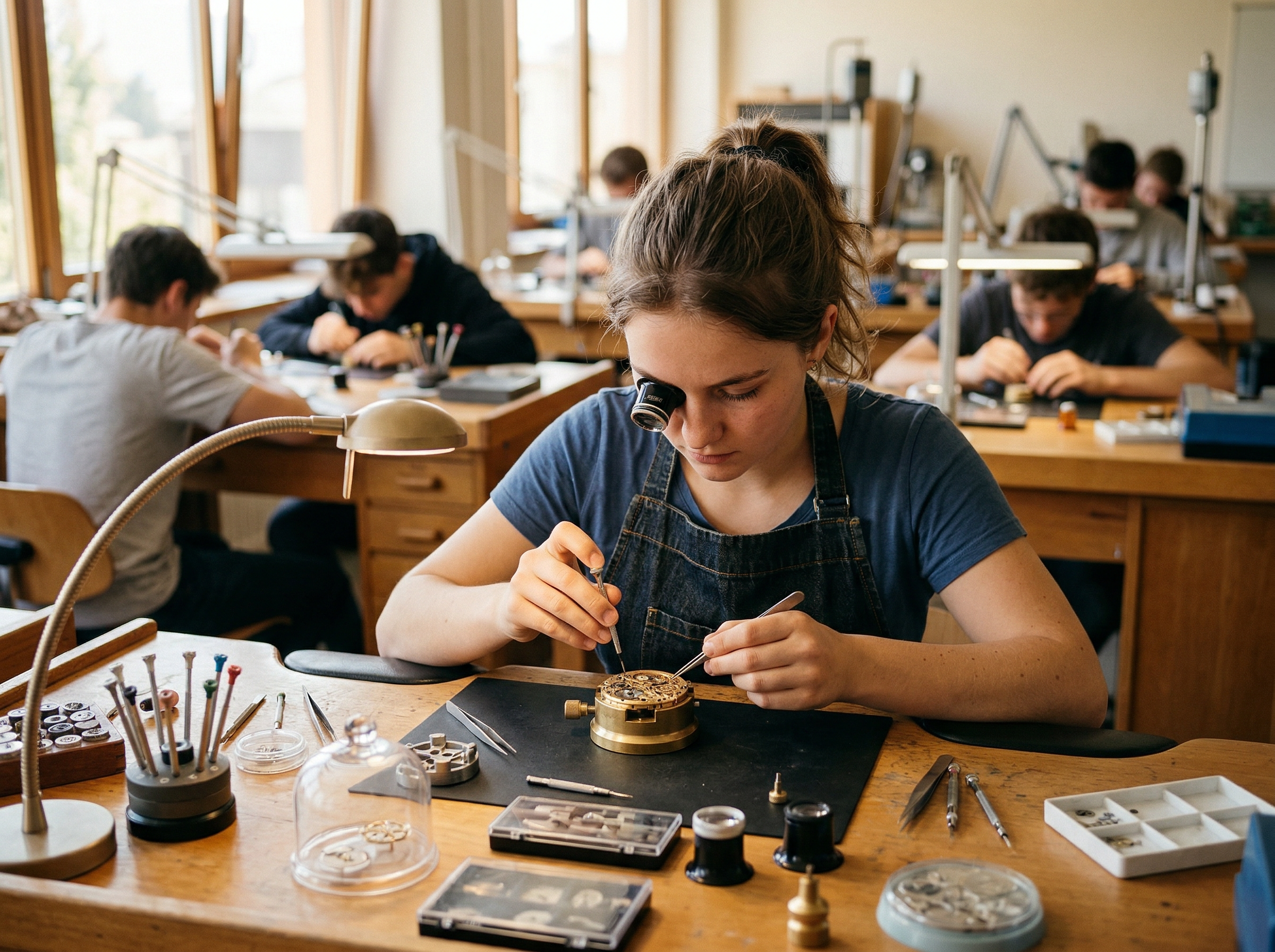Student at a watchmaking bench learning the craft
